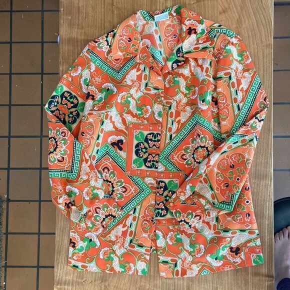 Pykettes Vintage Orange and Green Paisley Button-down 60s 70s - Picture 1 of 5